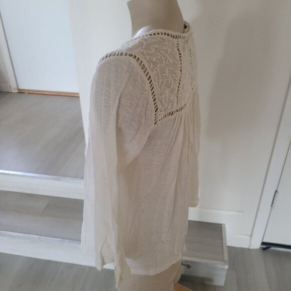 LUCKY BRAND White Gauzy Lace Embrodered Short Sleeve Top S boho Chic hippie - Picture 2 of 4